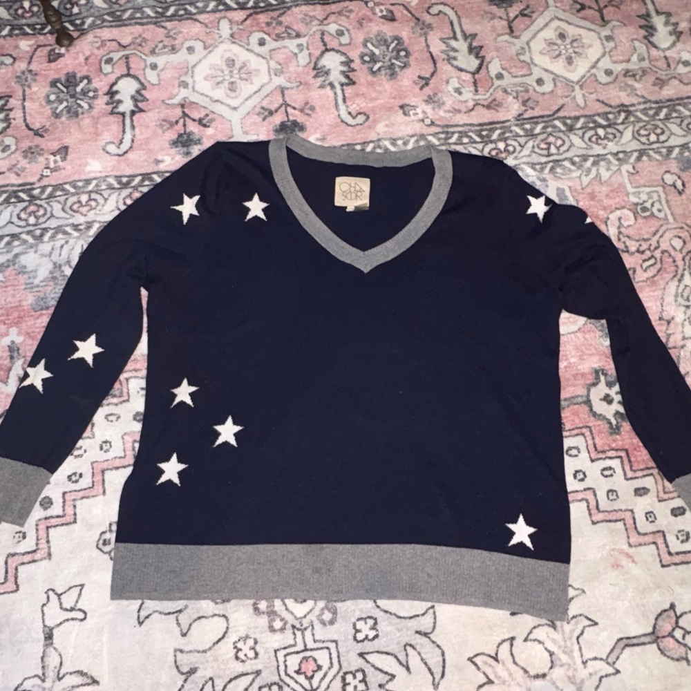 Chaser Navy Star Sweater w/ white stars and gray trim, Cashmere blend, sz XL